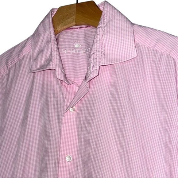 Bertigo Men’s Size M Pink Seersucker Checkered Button Down Short Sleeve Shirt - Picture 1 of 7